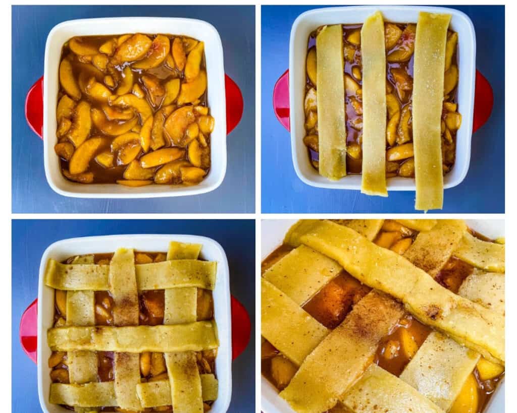 unbaked healthy Southern peach cobbler in a red baking dish