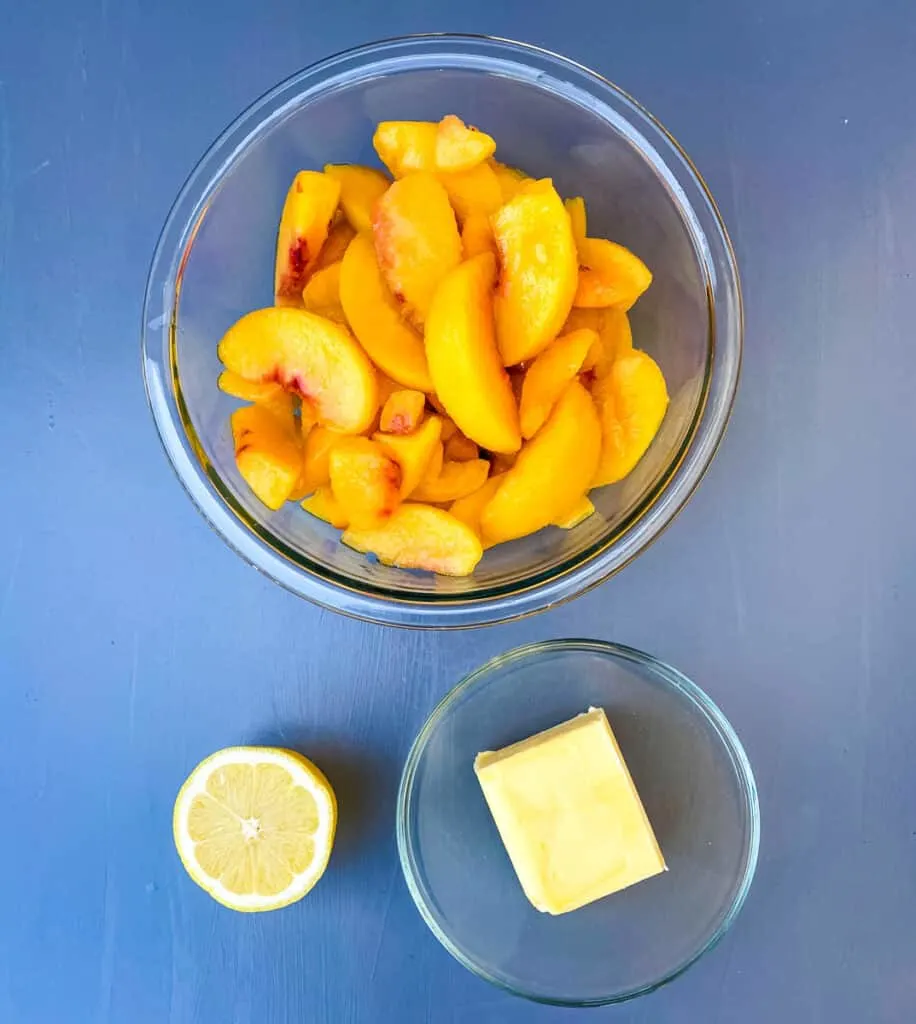 frozen peaches, butter, and fresh lemon in separate bowls
