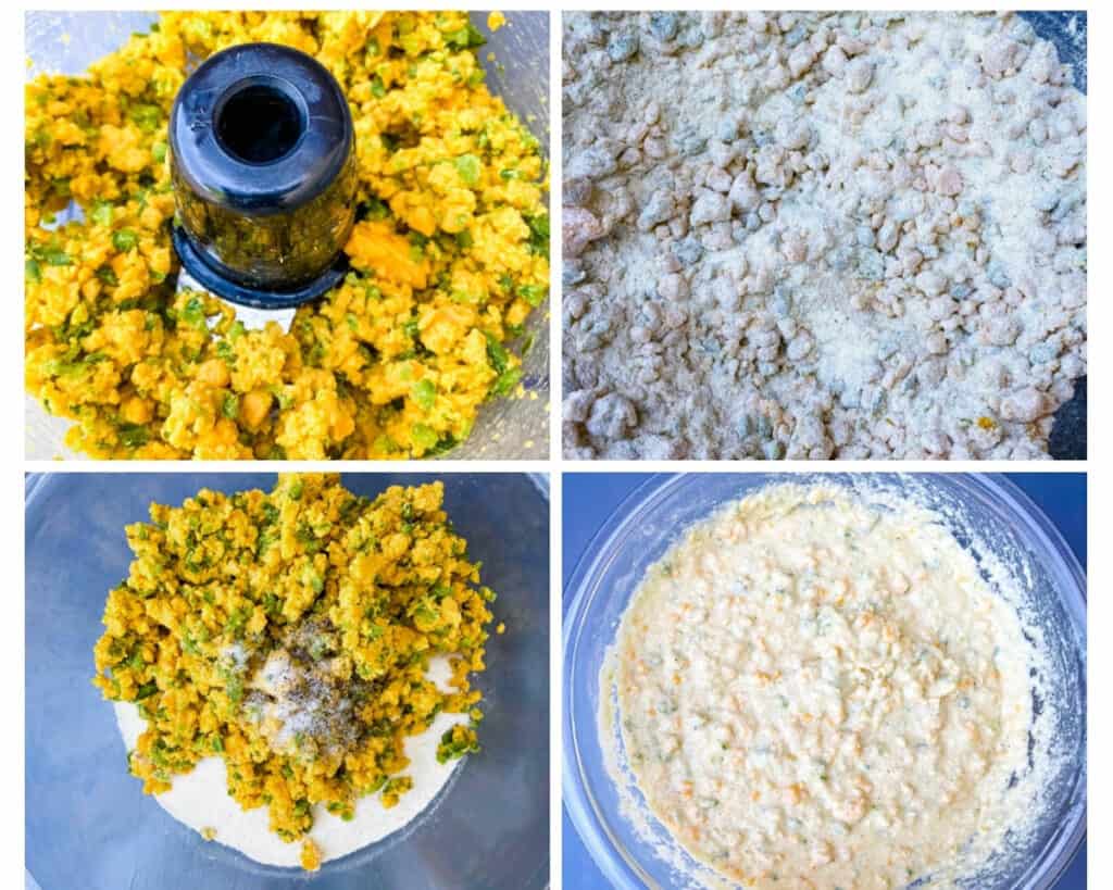 a collage photo that demonstrates how to mix cornbread batter in a glass bowl