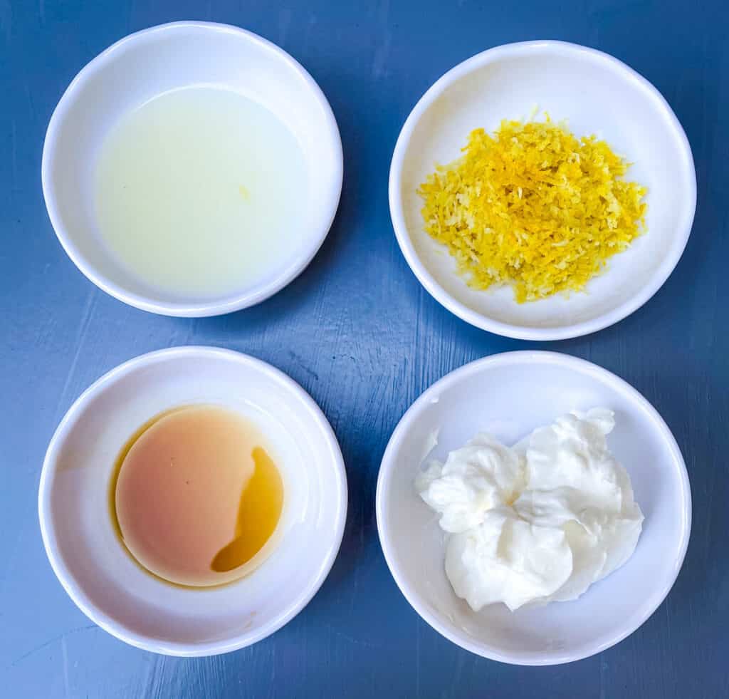 lemon juice, lemon zest, vanilla, and sour cream in separate bowls