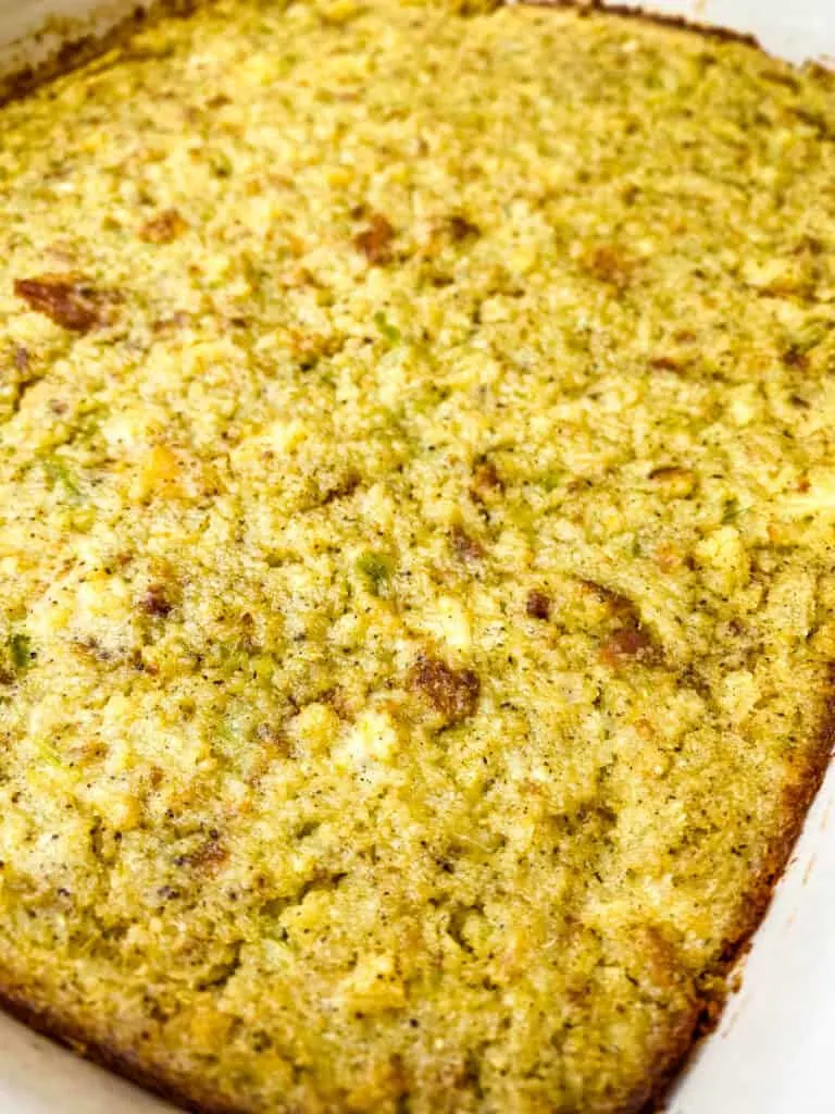 cornbread dressing in a baking dish