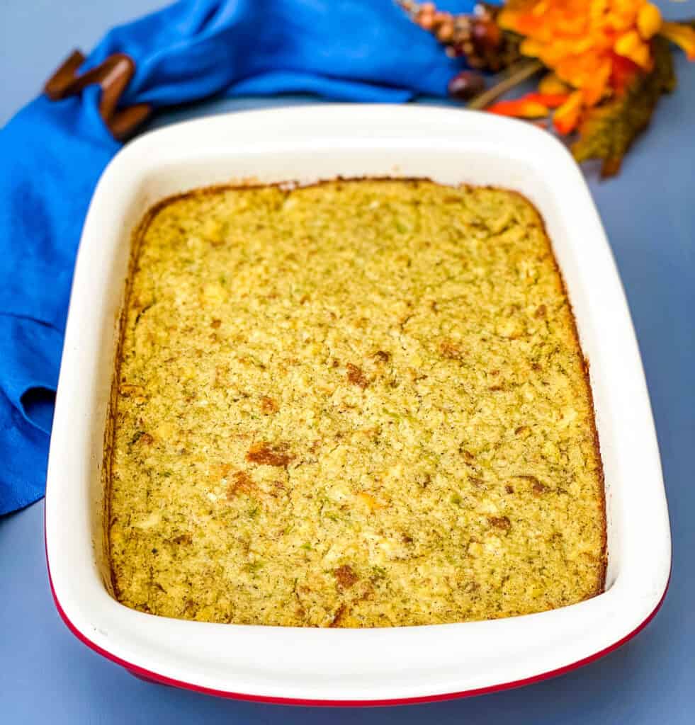 cornbread dressing in a baking dish