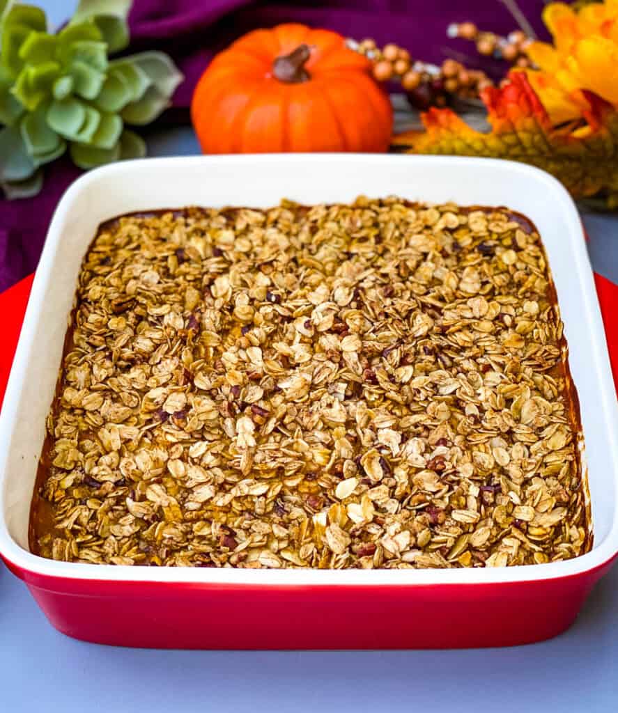 pumpkin crisp in a red baking dish