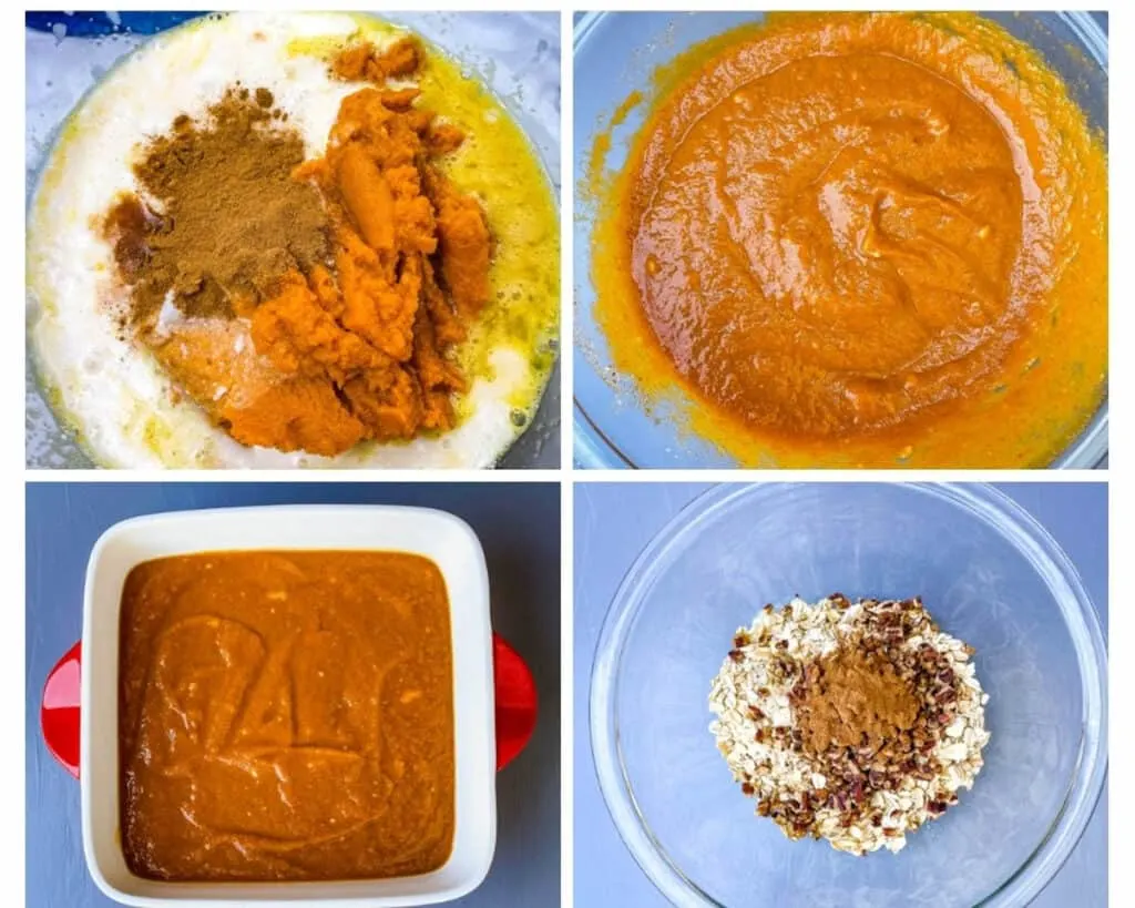 a collage photo showing how to make pumpkin crisp filling, pumpkin crisp filling in glass bowls