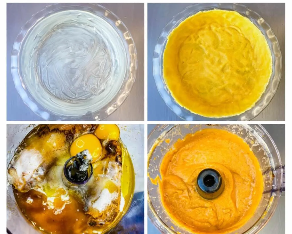 collage photo showing 4 photos on how to make sweet potato pie filling and crust