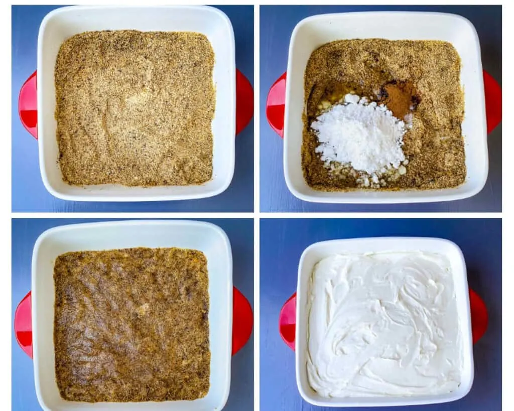 collage photo showing how to make graham cracker crust using almond flour in a baking dish
