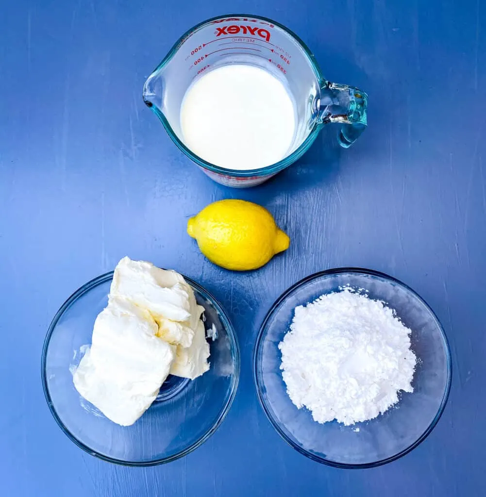 heavy cream, cream cheese, powdered sweetener and a fresh lemon