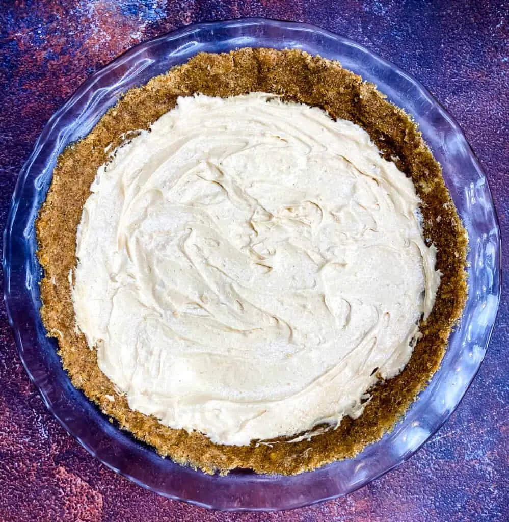 no bake peanut butter pie in a glass pie plate