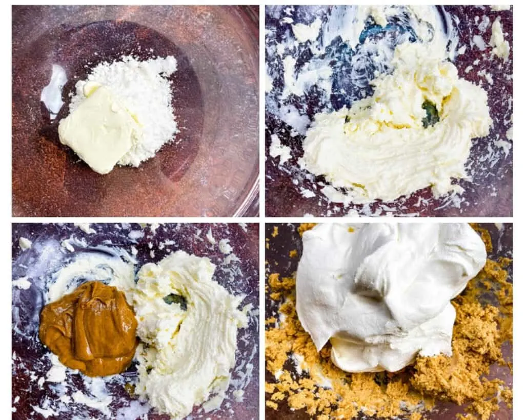 collage photo of 4 photos showing peanut butter pie filling
