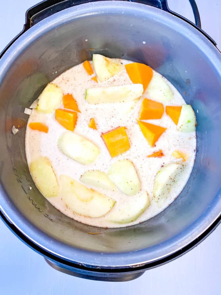 uncooked Panera autumn squash soup in an Instant Pot