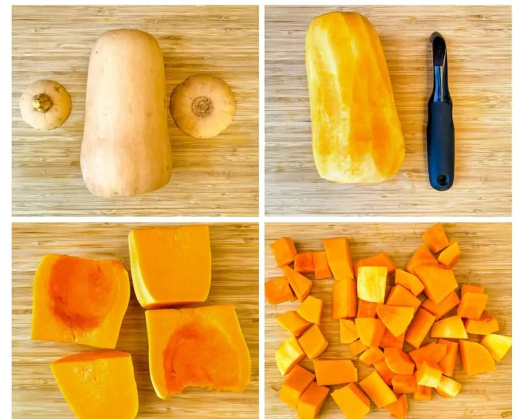 collage photo showing how to cut a butternut squash and remove seeds