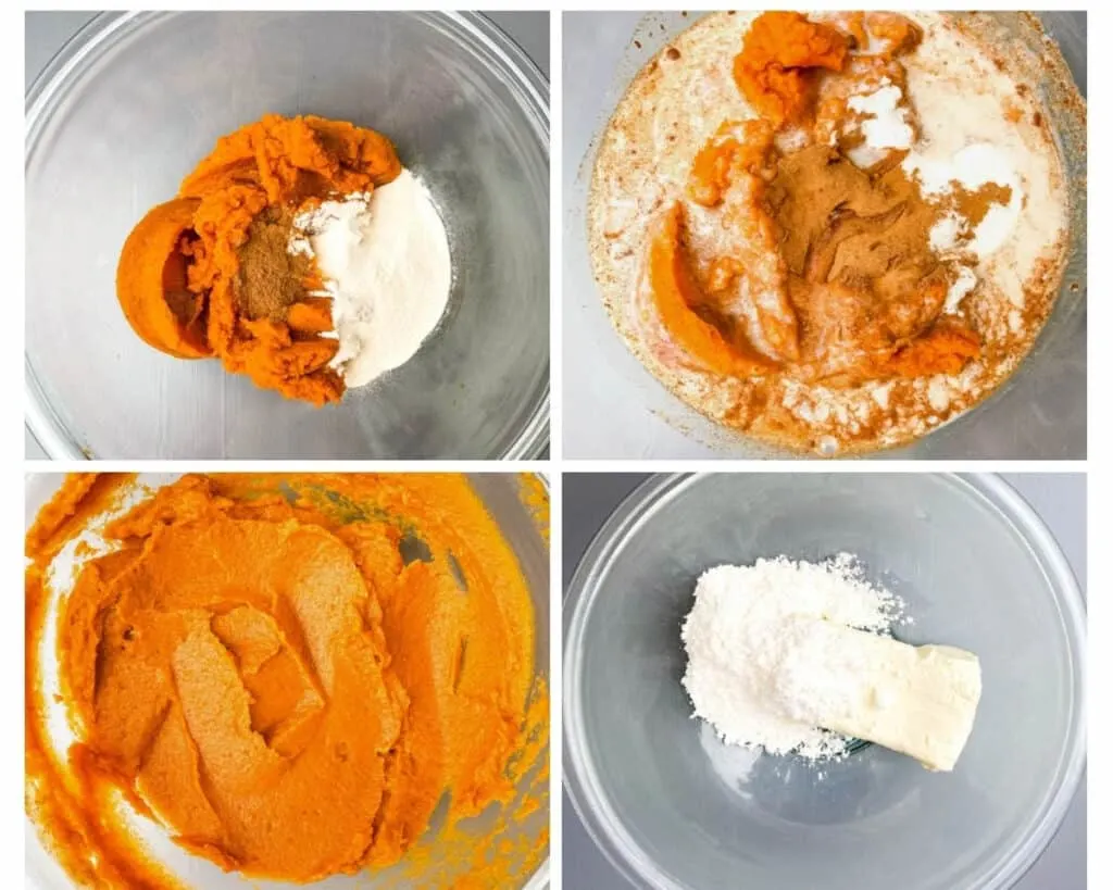 collage photo showing how to make pumpkin cheesecake filling in glass bowls with pumpkin and cream cheese