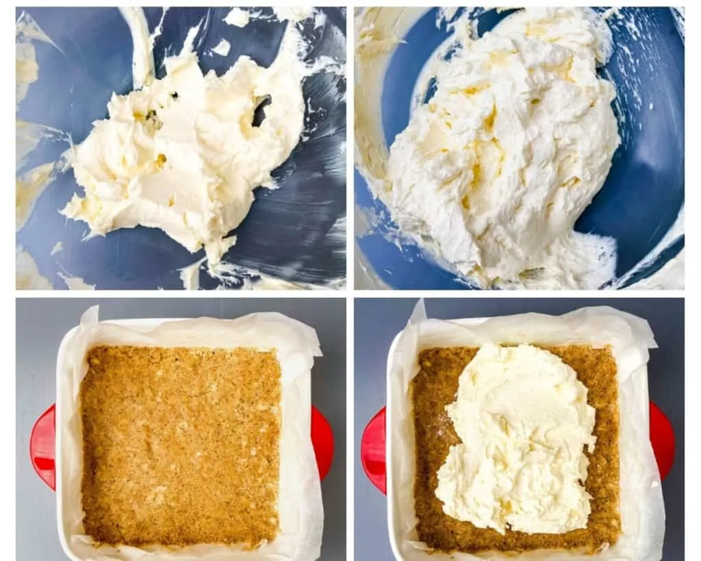 collage photo showing how to make cheesecake filling on graham cracker crust