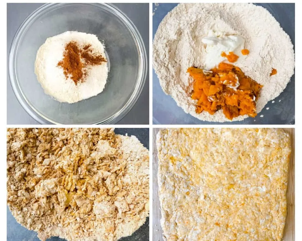 collage photo showing step by step how to make biscuit dough, flour sweet potatoes in a glass bowl and biscuit mix