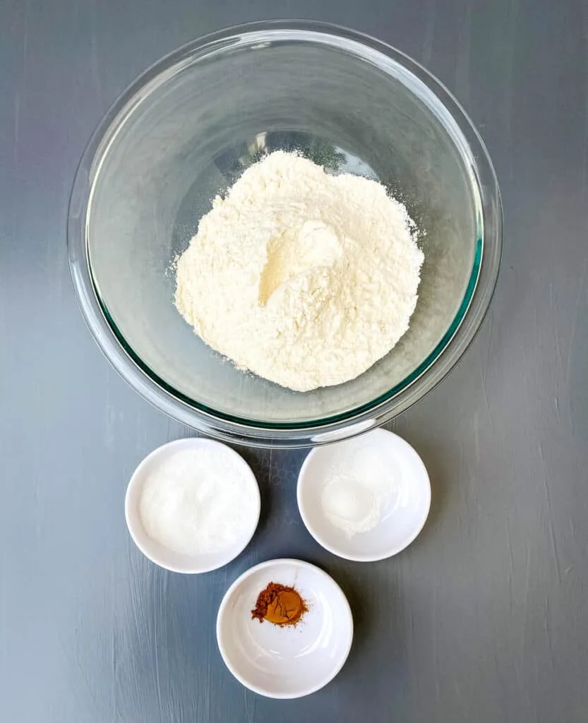 flour, baking powder, salt, and cinnamon in separate bowls