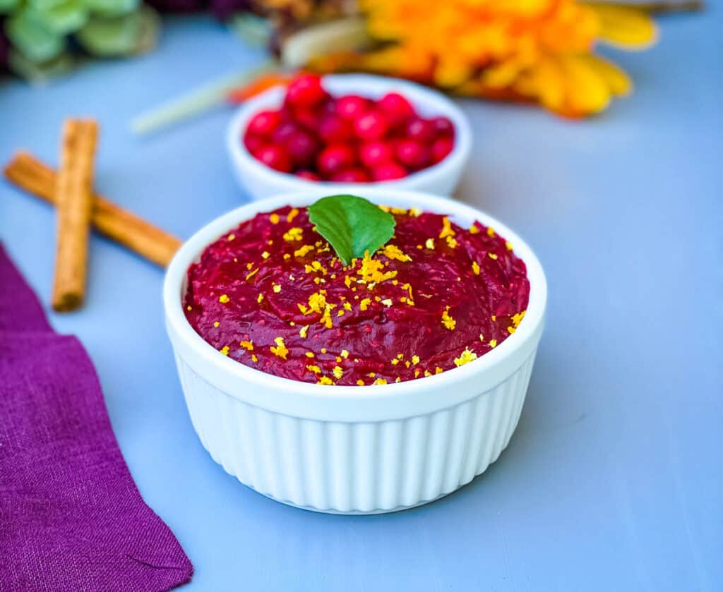 Grand Marnier cranberry sauce in a white bowl