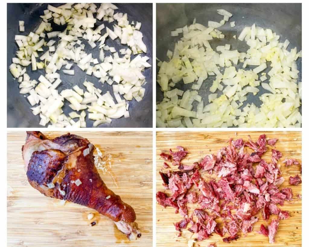 collage photo of 4 photos showing chopped onions in an Instant Pot and sauteed turkey