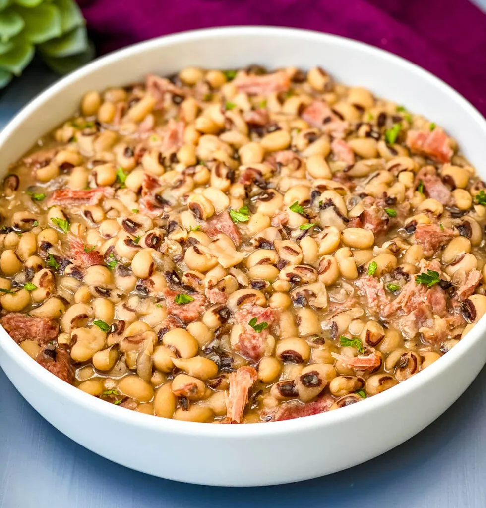 Instant Pot black eyed peas in a white bowl