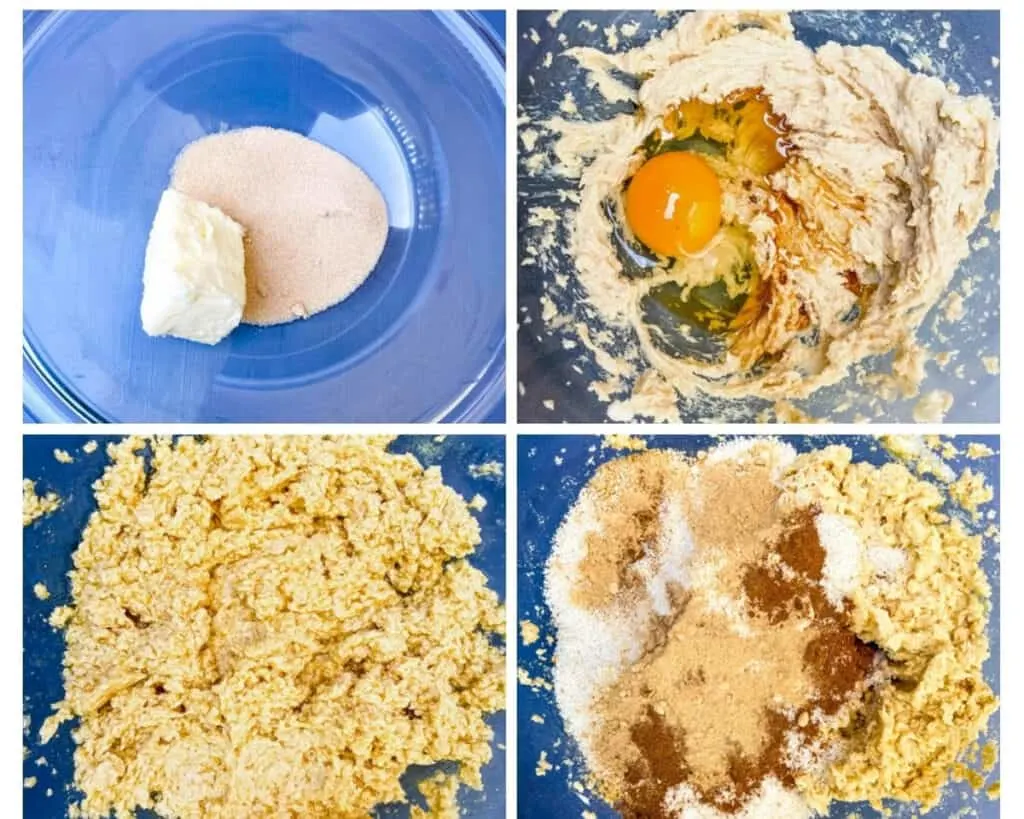 collage photo showing how to make keto gingersnap cookies with butter and sweetener in a bowl