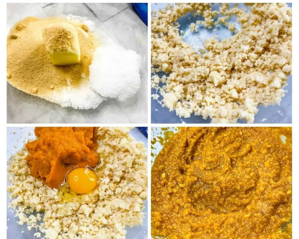 a collage photo with 4 pictures showing how to make keto pumpkin cookies with butter and sweetener beaten in a bowl with an egg and pumpkin