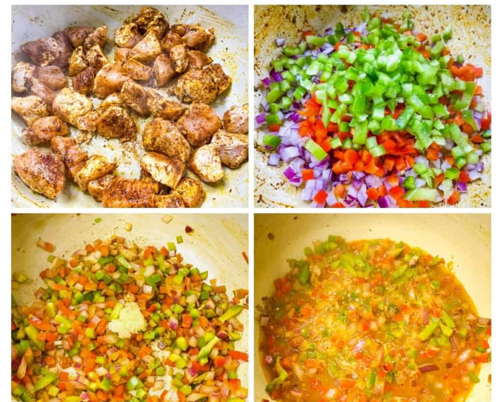 collage of 4 photos showing how to make pumpkin chili with chicken cubes in a Dutch oven, chopped green peppers, red peppers, and onions in the pot