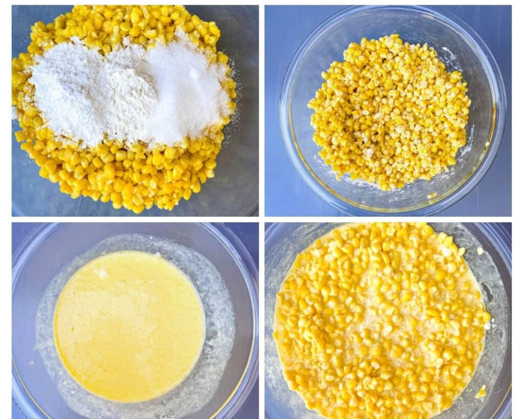 a collage of 4 photos showing how to make scalloped corn in glass bowls