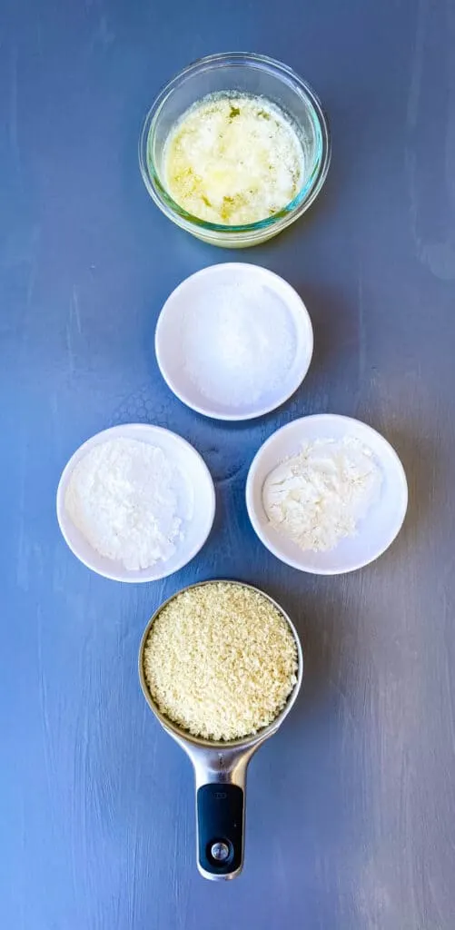 flour, cornstarch, melted butter, and breadcrumbs in separate bowls
