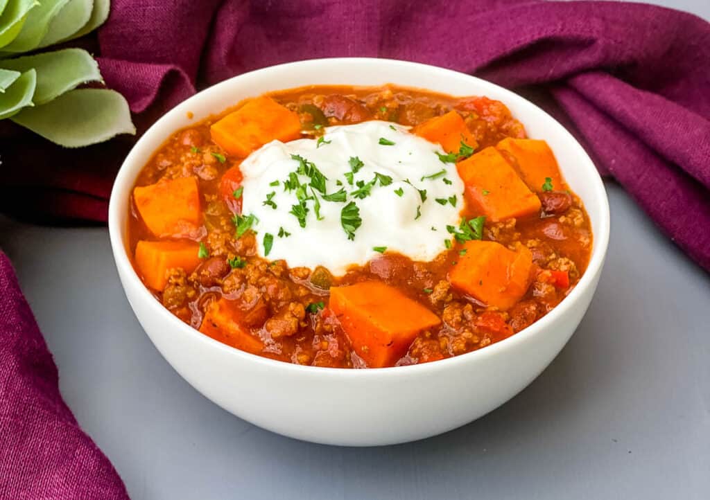 sweet potato chili in a white bowl