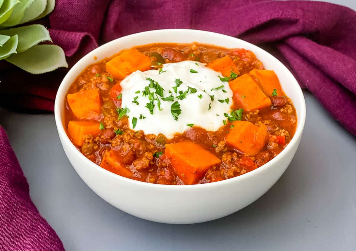 sweet potato chili in a white bowl