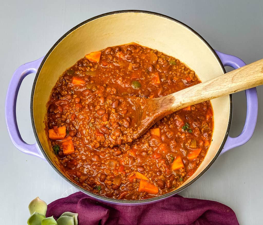 sweet potato chili in a Dutch oven