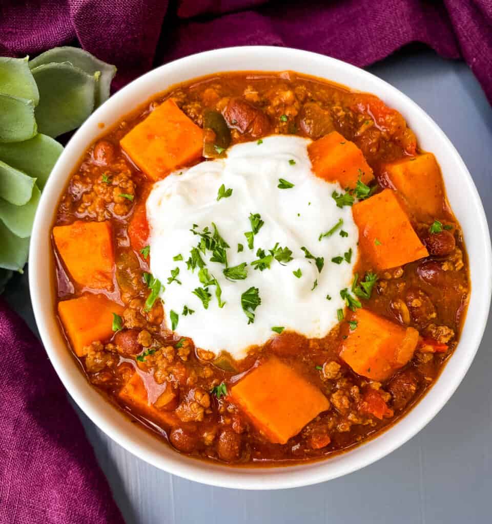 sweet potato chili in a white bowl