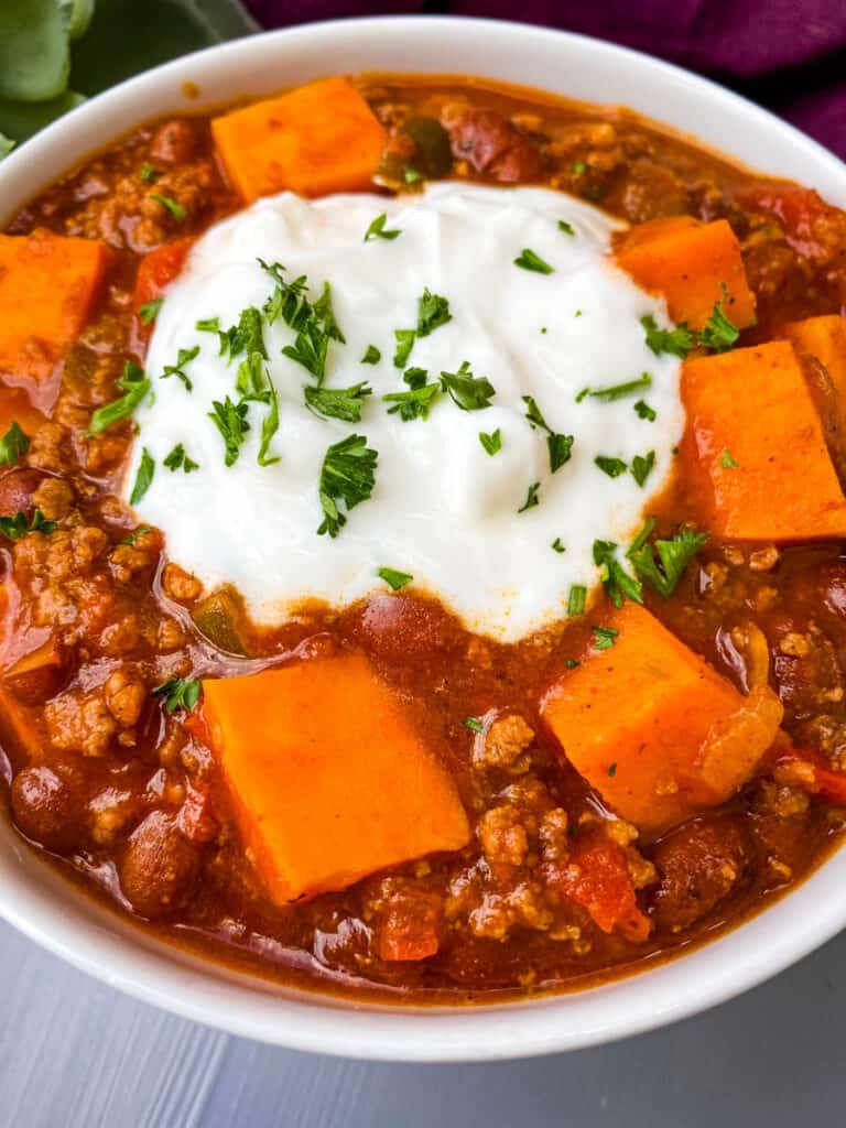 sweet potato chili in a white bowl