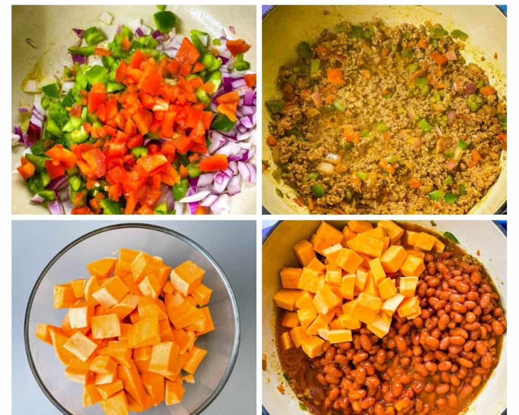collage photo showing how to saute onions and pepper with ground beef and then how to add in cut sweet potatoes