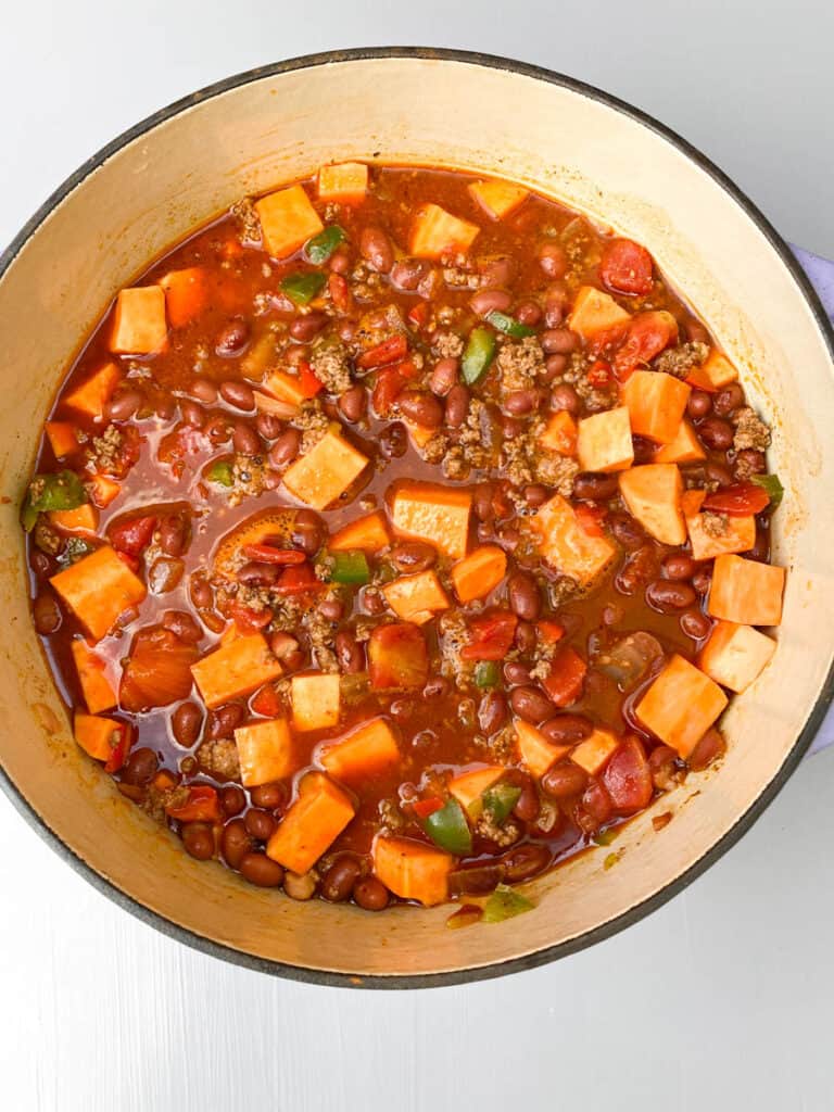 sweet potato chili in a Dutch oven