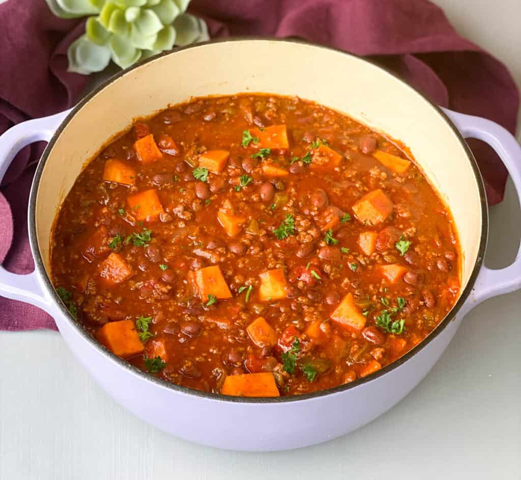 sweet potato chili in a Dutch oven