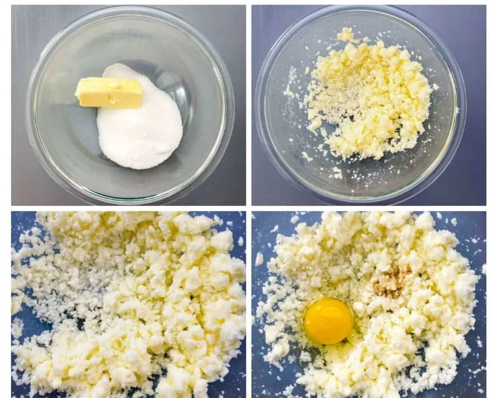 collage photo showing how to cream butter in a glass bowl