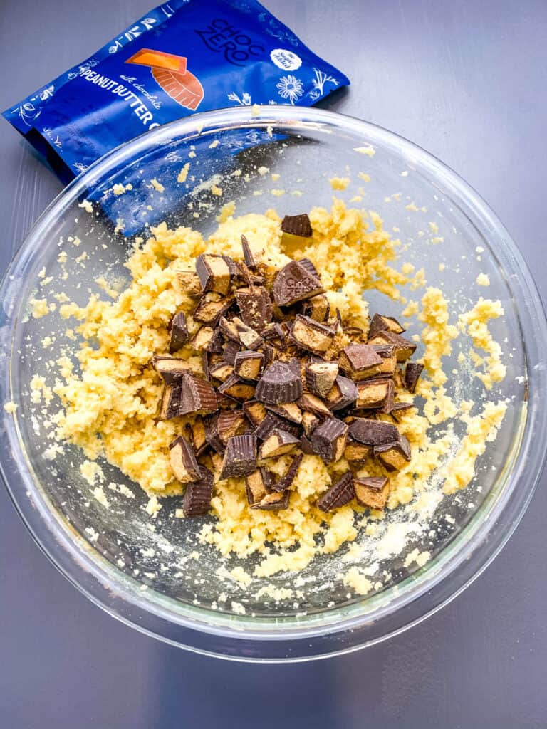 keto low carb peanut butter cups cookie dough in a glass bowl