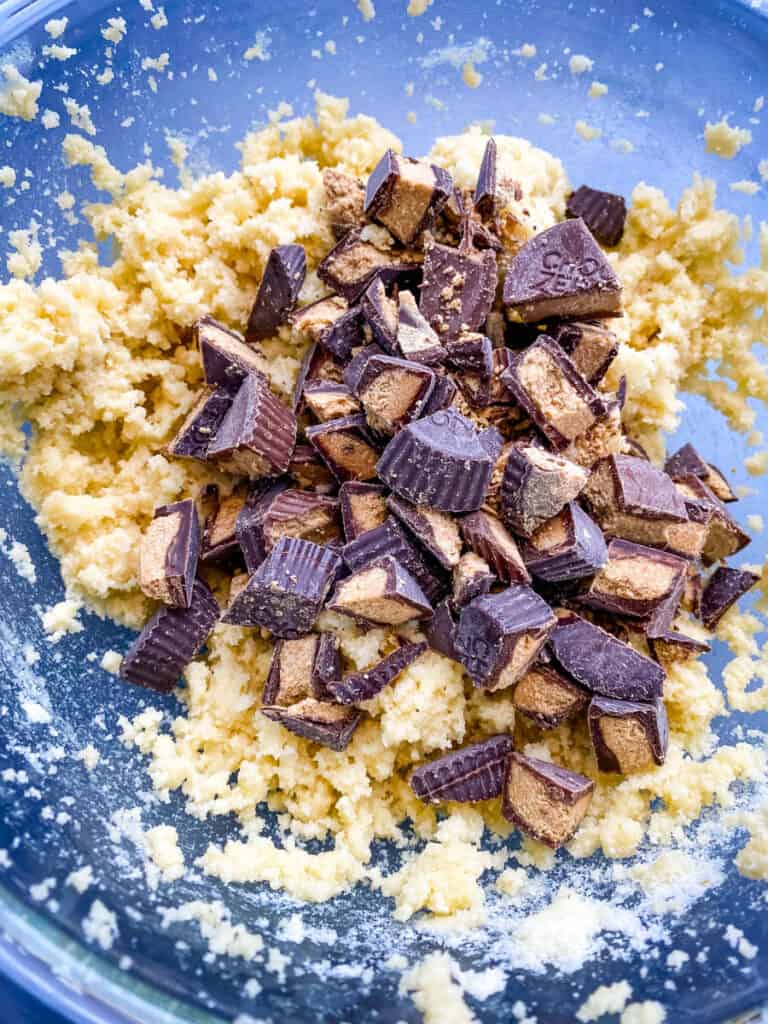 keto low carb peanut butter cups cookie dough in a glass bowl