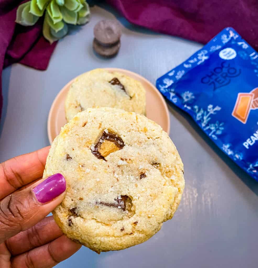 person holding keto low carb peanut butter cup cookie