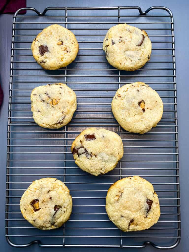 keto low carb peanut butter cup cookies on a cooling rack
