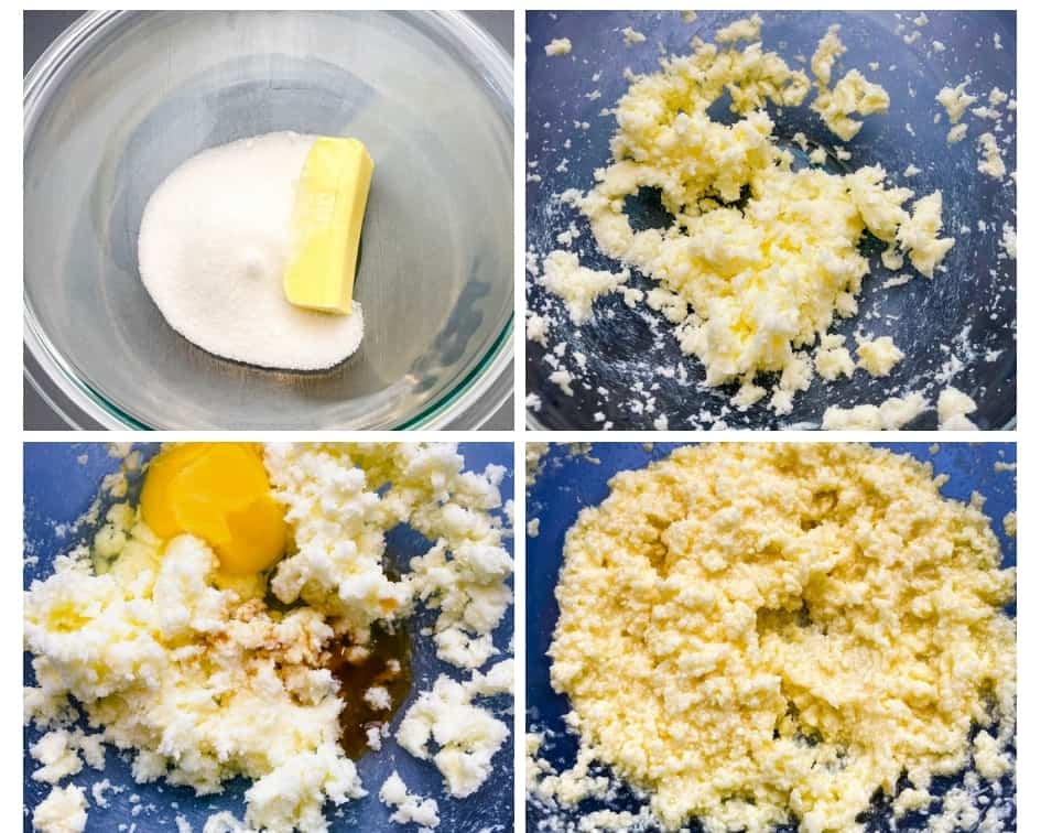 collage photo of sweetener, butter, and cookie dough in glass bowls