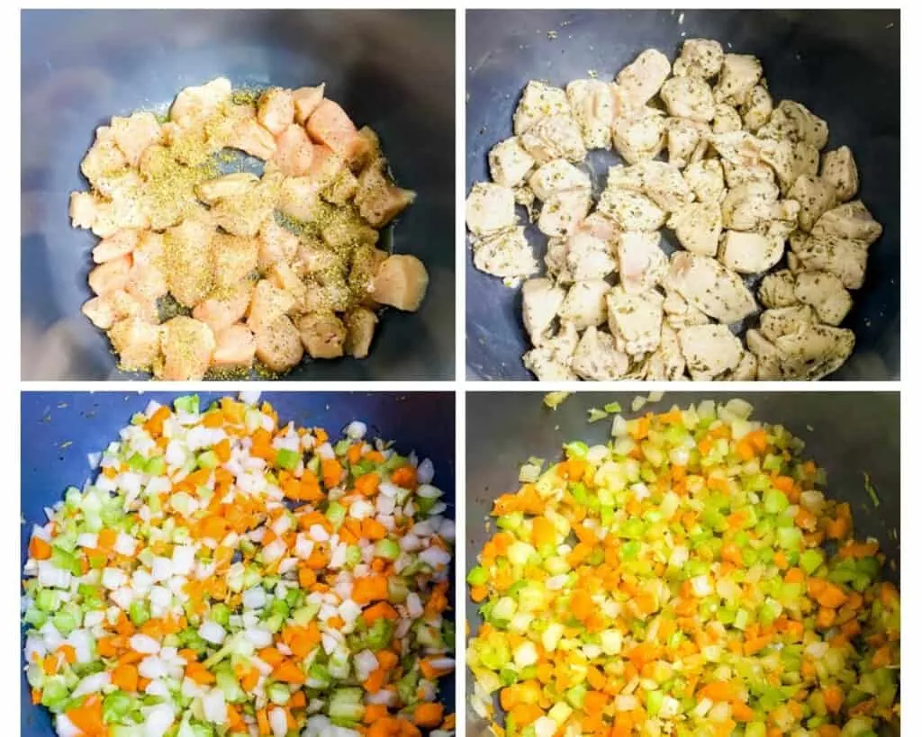 a collage photo showing how to cook chicken breasts and saute veggies