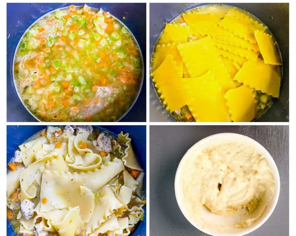 collage photo showing how to make chicken lasagna soup with soup and lasagna noodles in the pot