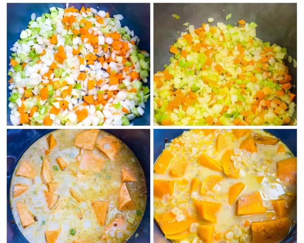 collage photo of 4 images with cut vegetables in an Instant pot and uncooked sweet potato soup in an Instant Pot