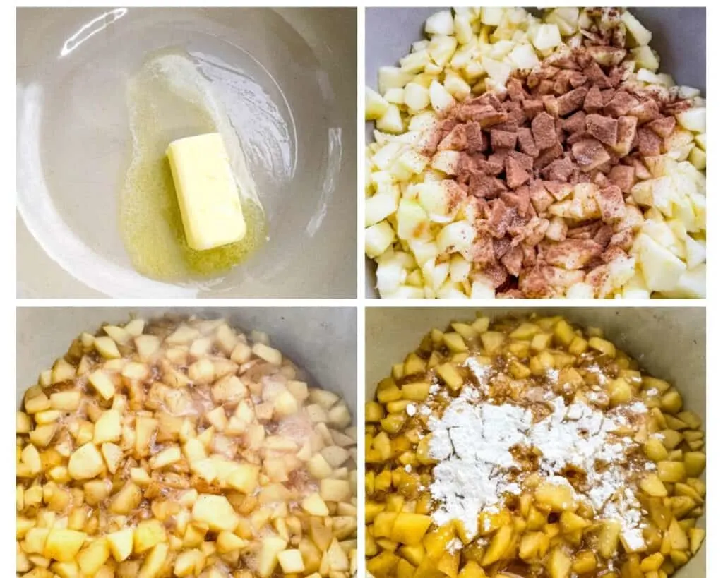 a collage photo of 4 photos demonstrating how to make apple pie filling, melted butter and sliced apples in a Dutch oven