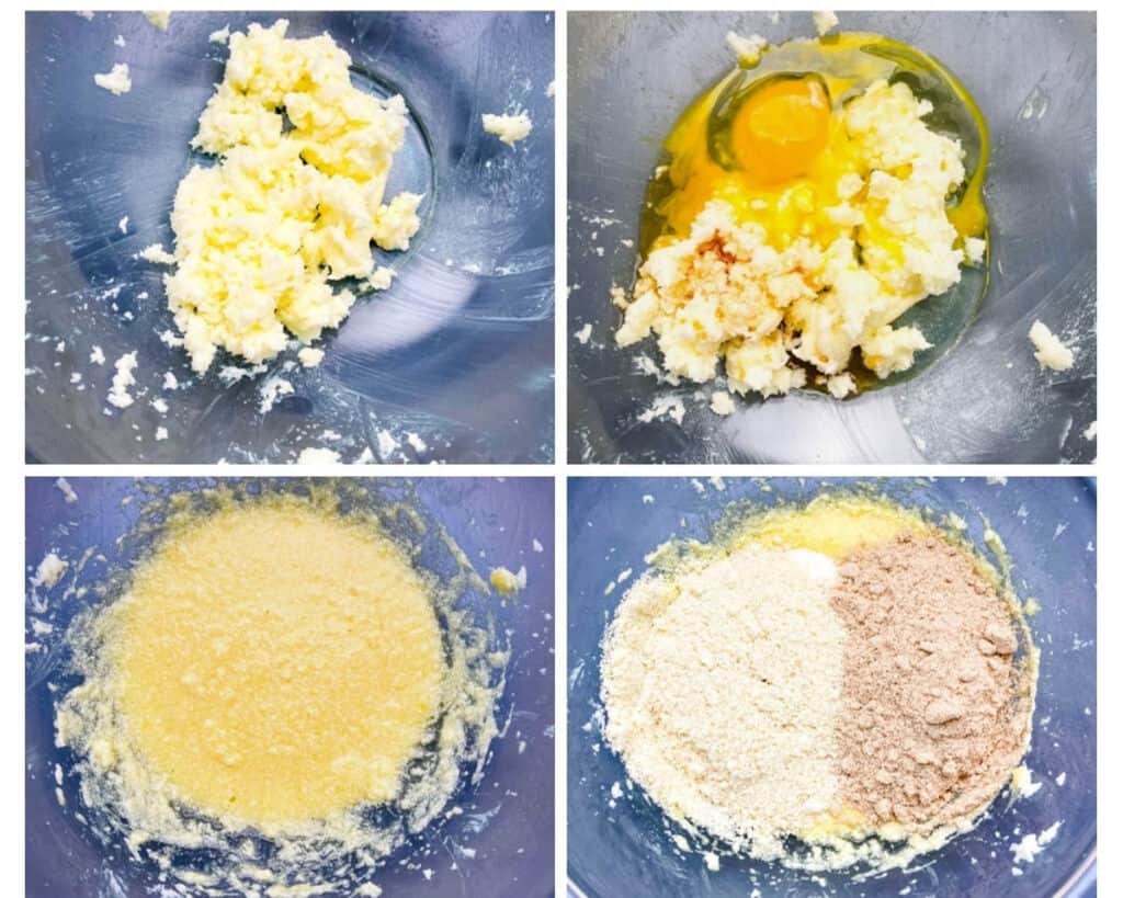 collage photo showing how to cream butter and sweetener for keto snickerdoodle cookies