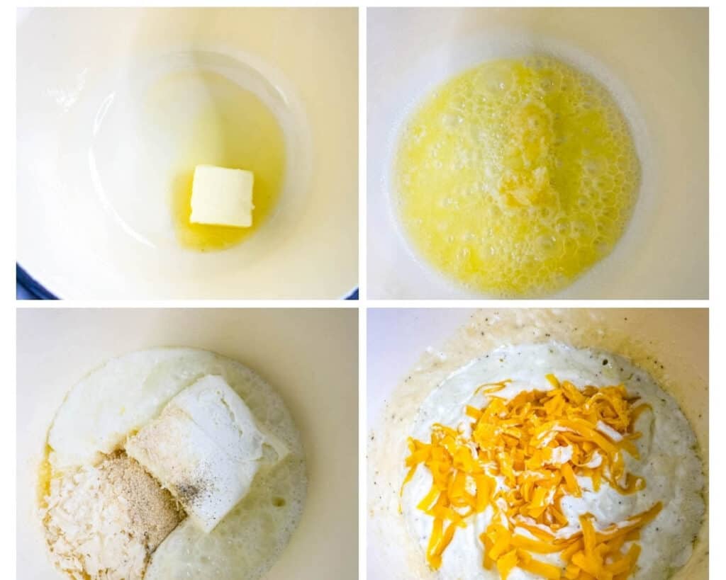 collage photo of 4 photos showing how to melt butter and cheese in a saucepan