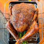 cajun roasted turkey in a roasting pan