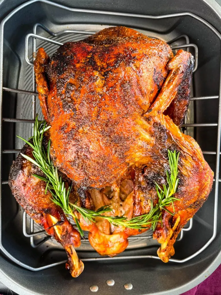 cajun roasted turkey in a roasting pan