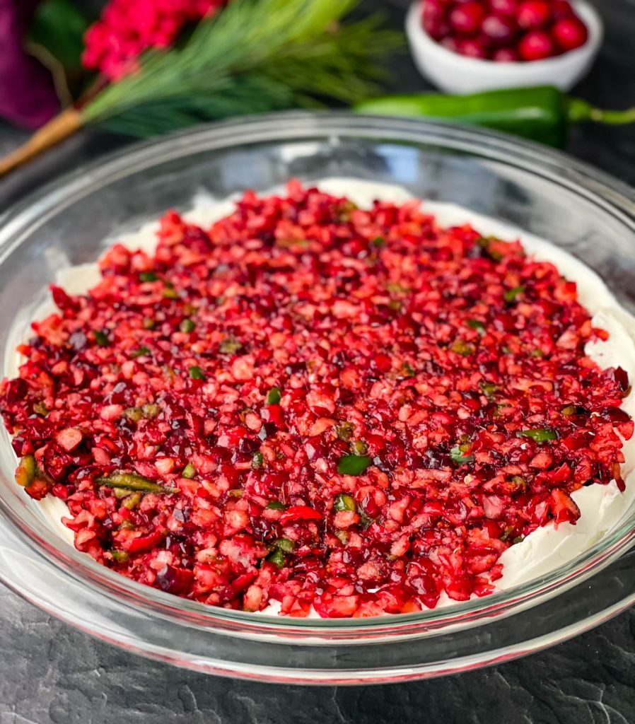 jalapeno cranberry dip in a glass bowl